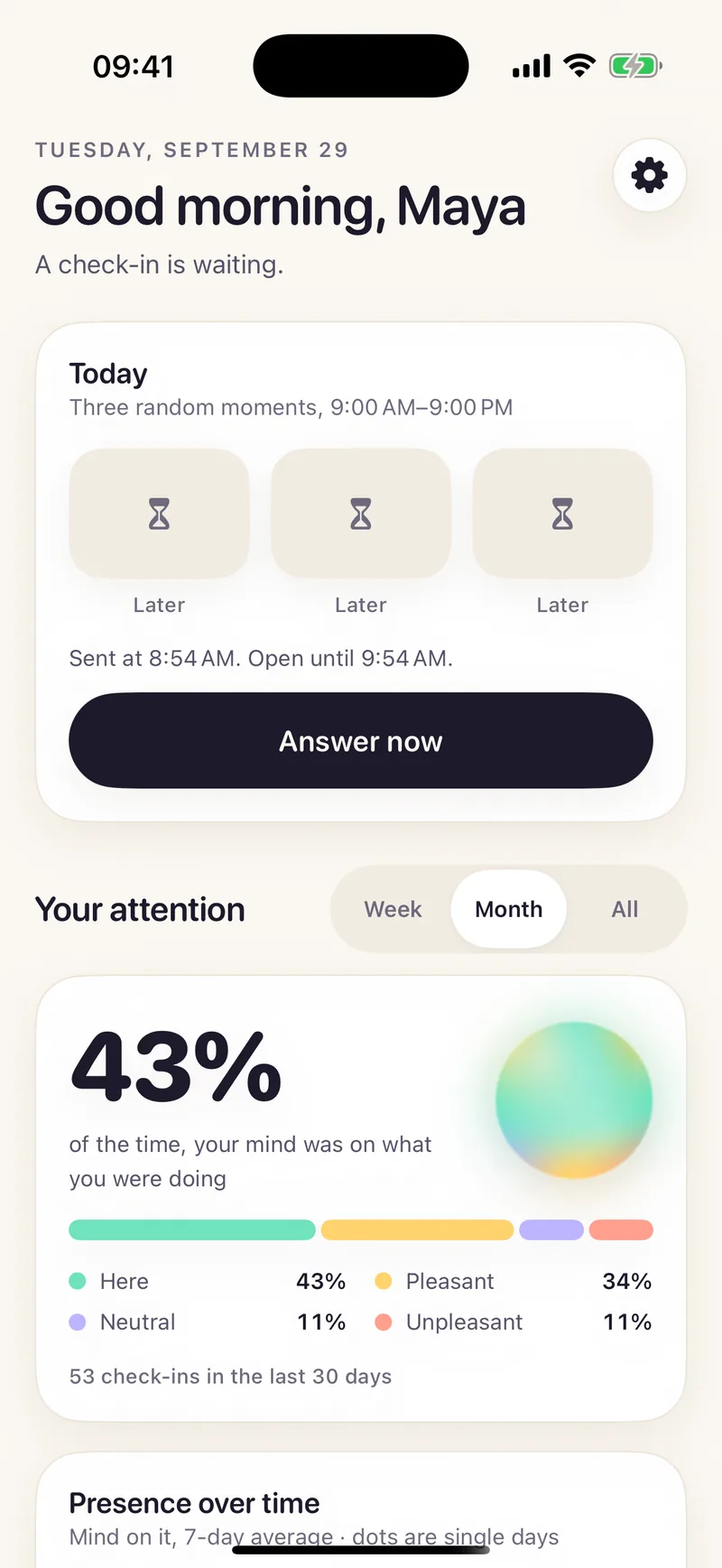 Mindwhere's Home screen: “Good morning, Maya. A check-in is waiting.”, three random moments today, an Answer now button and an on-task share of 43%.